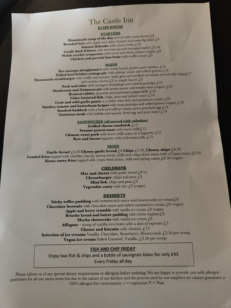 Castle Inn, Bodiam, East Sussex - Menu